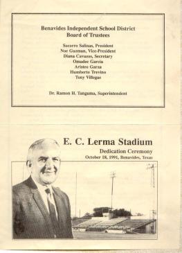 Part of the program for the re-naming of the Benavides High School football stadium in honor of Coach E.C. Lerma, 1991. Courtesy of the Lerma family.