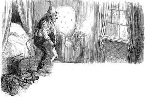 ""Scrooge Awakes," vignette for "Stave 5. The End of It" by Sol Eytinge, Jr. Scanned image and text by Philip V. Allingham. Courtesy of victorianweb.org. 