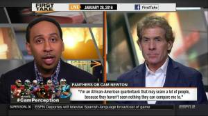 ESPN First Take pundits Skip Bayless and Stephen A. Smith discuss Newton's quote. Image from YouTube.
