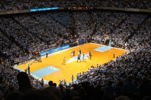 Tip-off for a Duke-North Carolina game at the Dean Smith Center in Chapel Hill, NC. Image from Wikimedia Commons.