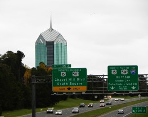The Duke and North Carolina campuses are 10-miles apart on U.S. 15-501 (AKA Tobacco Road). Image From Wikimedia Commons.